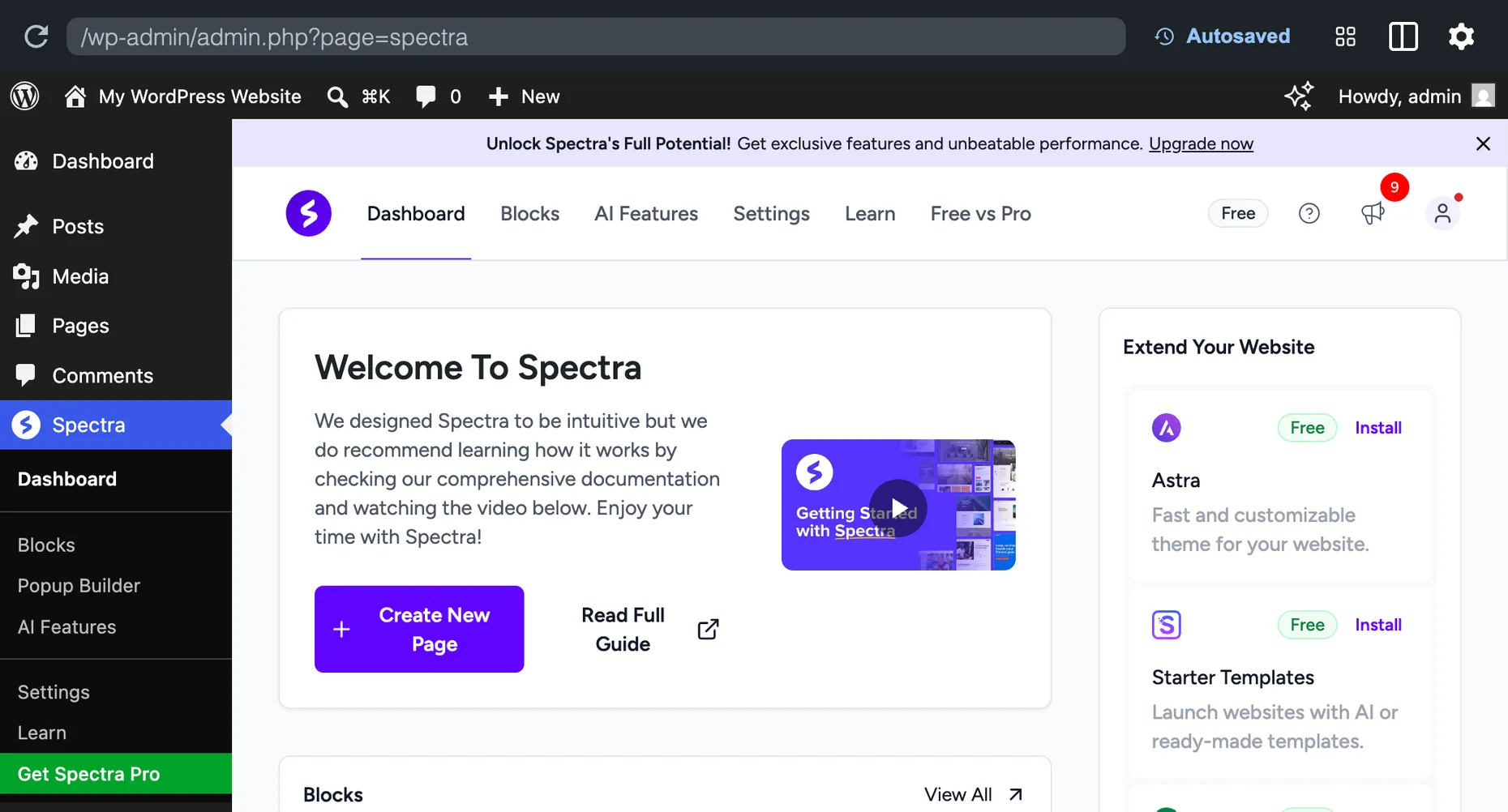The Spectra admin dashboard in WordPress with tabs for Dashboard, Blocks, AI Features, Settings, Learn and Free vs Pro, plus a Free badge and an Extend Your Website panel