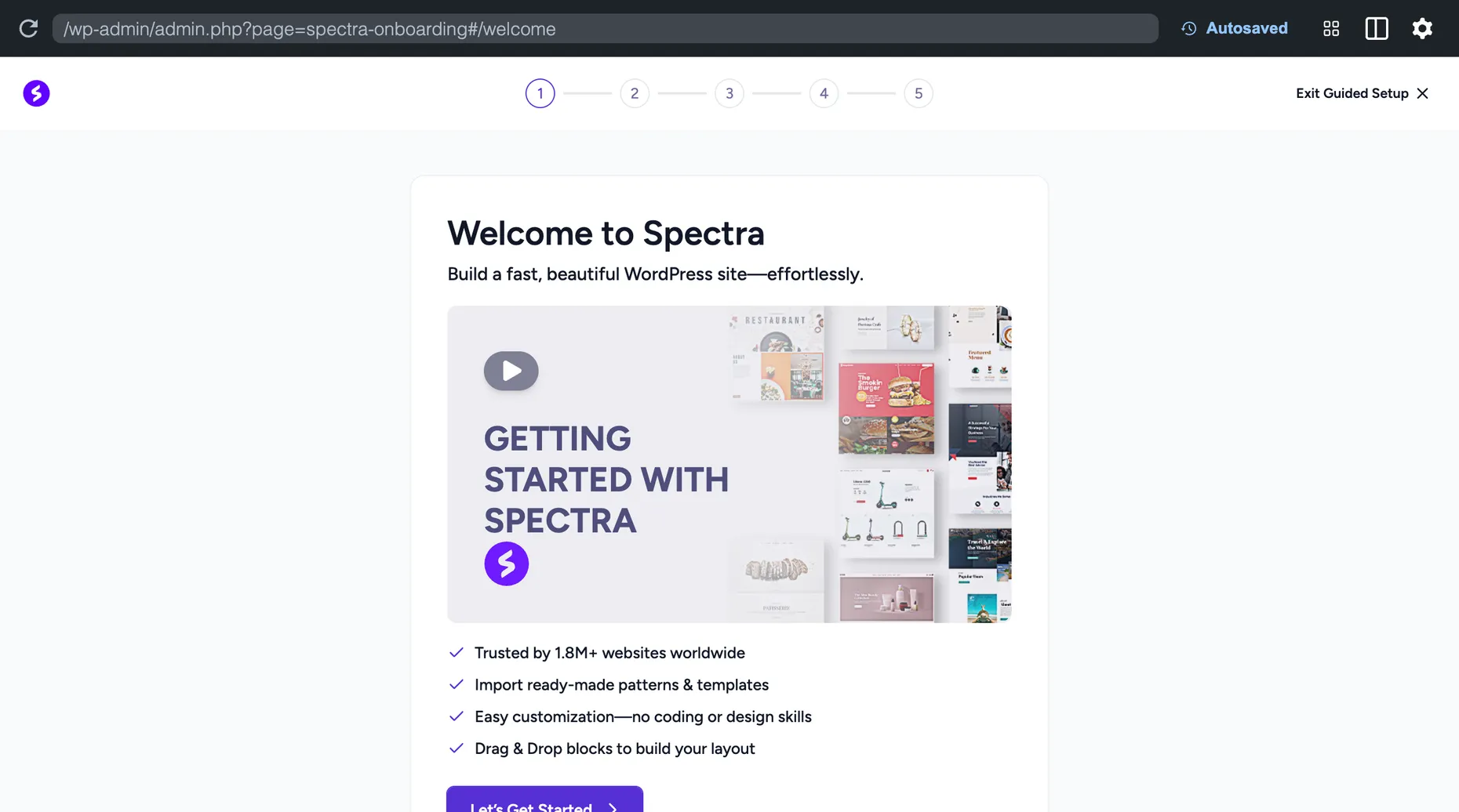 The Spectra welcome and onboarding screen in WordPress, headline 'Welcome to Spectra, build a fast, beautiful WordPress site', noting it is trusted by 1.8 million-plus websites