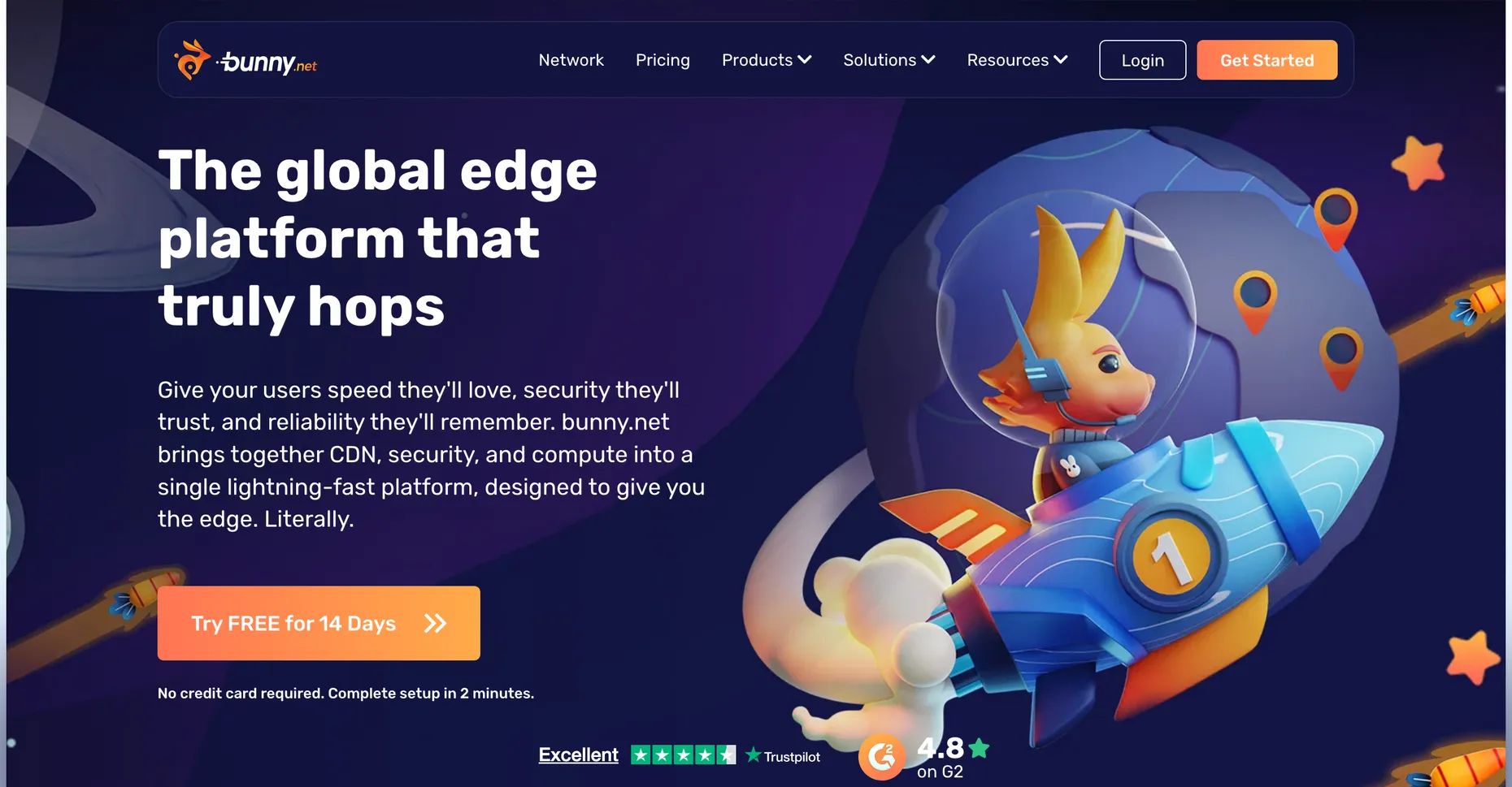 The bunny.net homepage, headline The global edge platform that truly hops, describing a CDN, security and compute platform