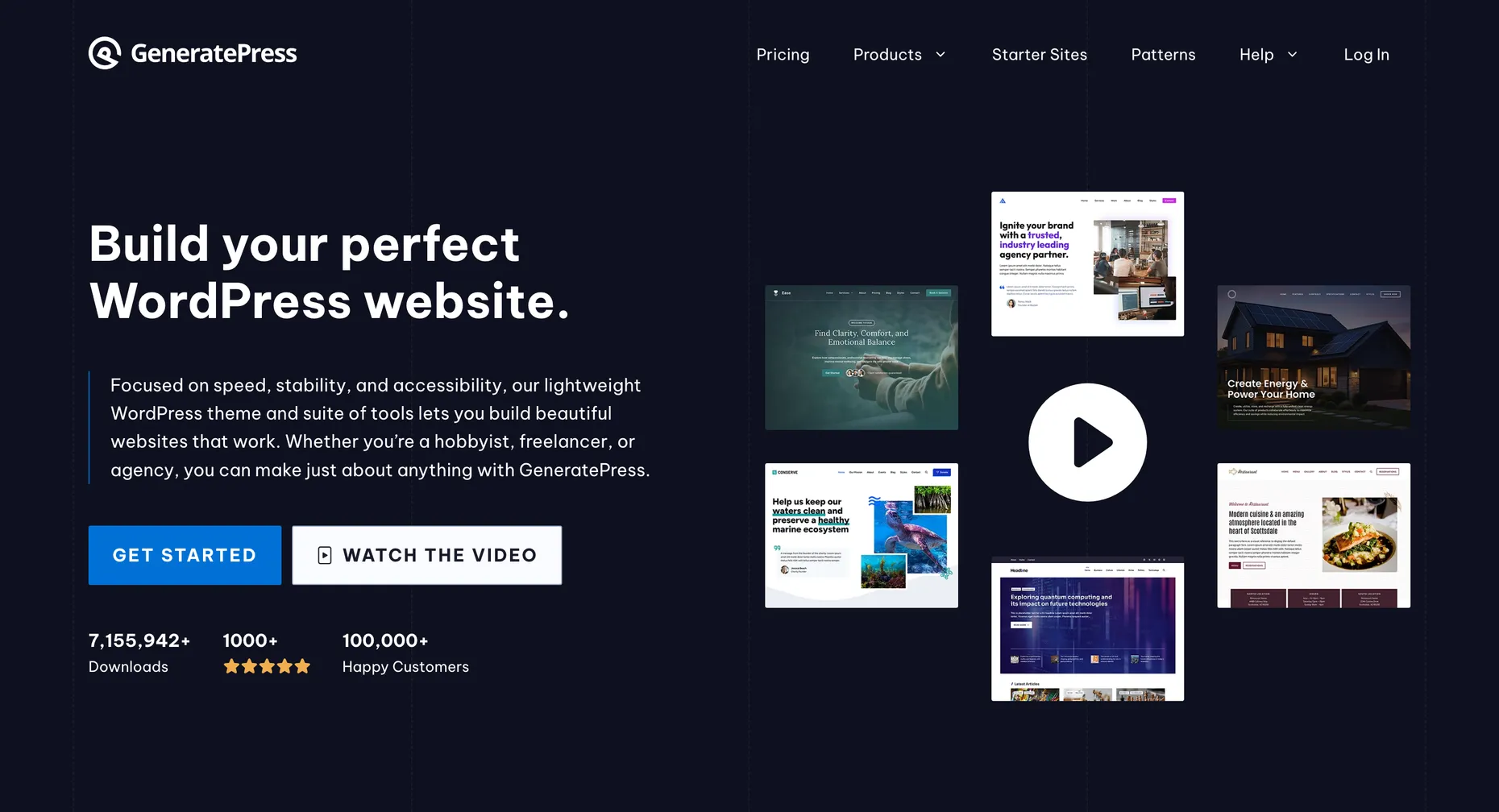The GeneratePress homepage, headline Build your perfect WordPress website, describing a lightweight theme focused on speed, stability and accessibility