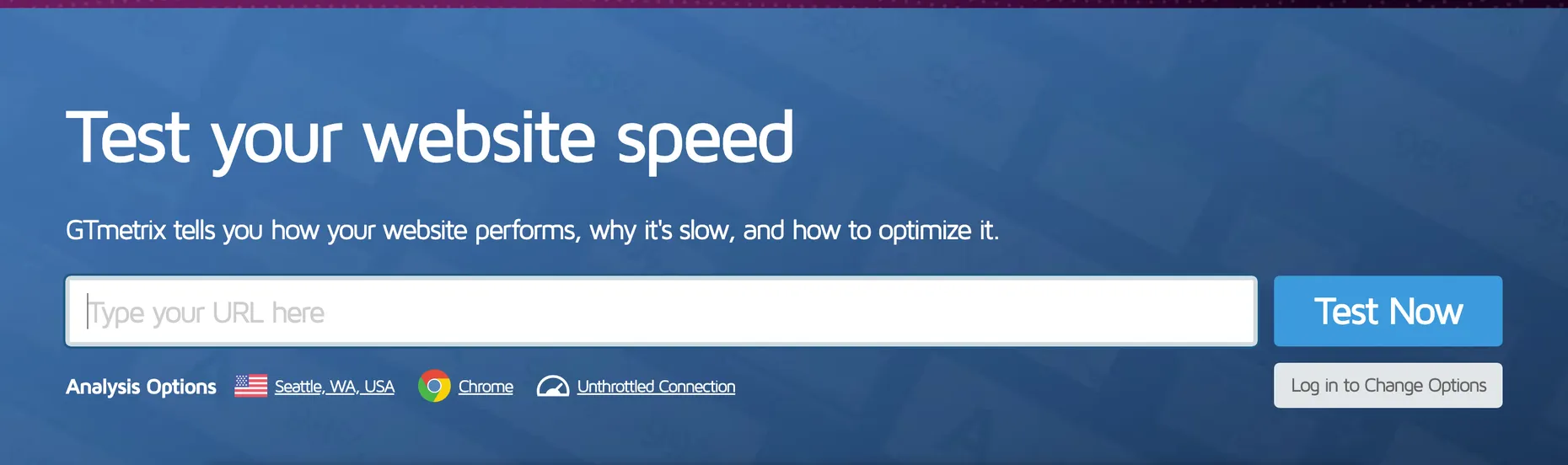 The GTmetrix homepage, headline Test your website speed, with a URL field and Test Now button