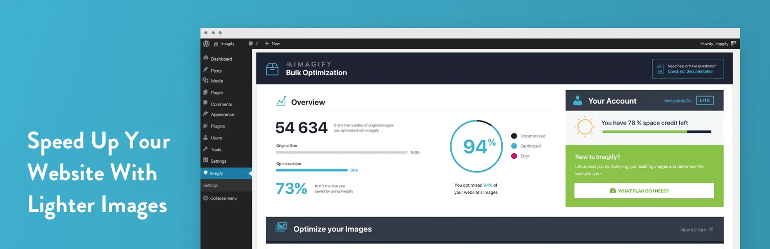 Imagify banner: speed up your website with lighter images, showing its bulk optimization dashboard reporting 94% of images optimized