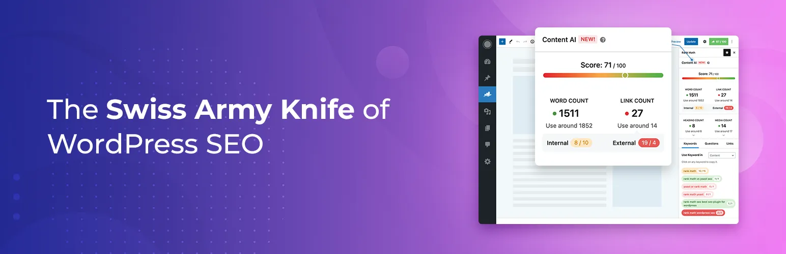 Rank Math SEO banner: the Swiss Army Knife of WordPress SEO, showing its Content AI on-page analysis panel with a score, word count and link count