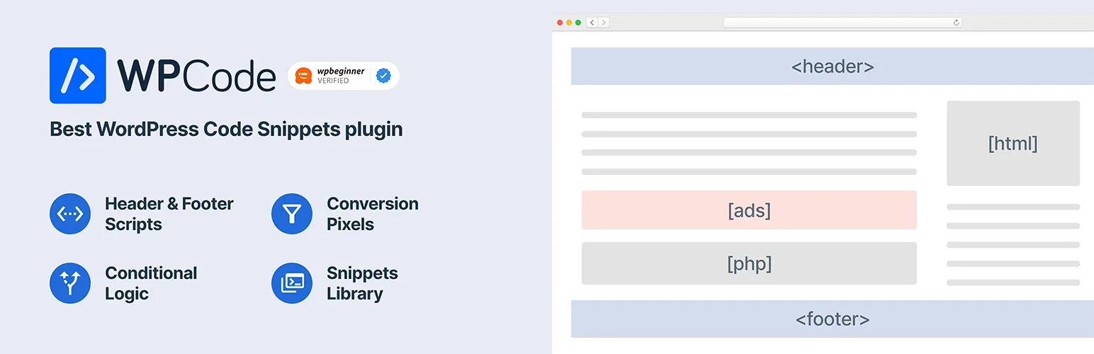 WPCode banner: the best WordPress code snippets plugin, showing header and footer scripts, conversion pixels, conditional logic and a snippets library