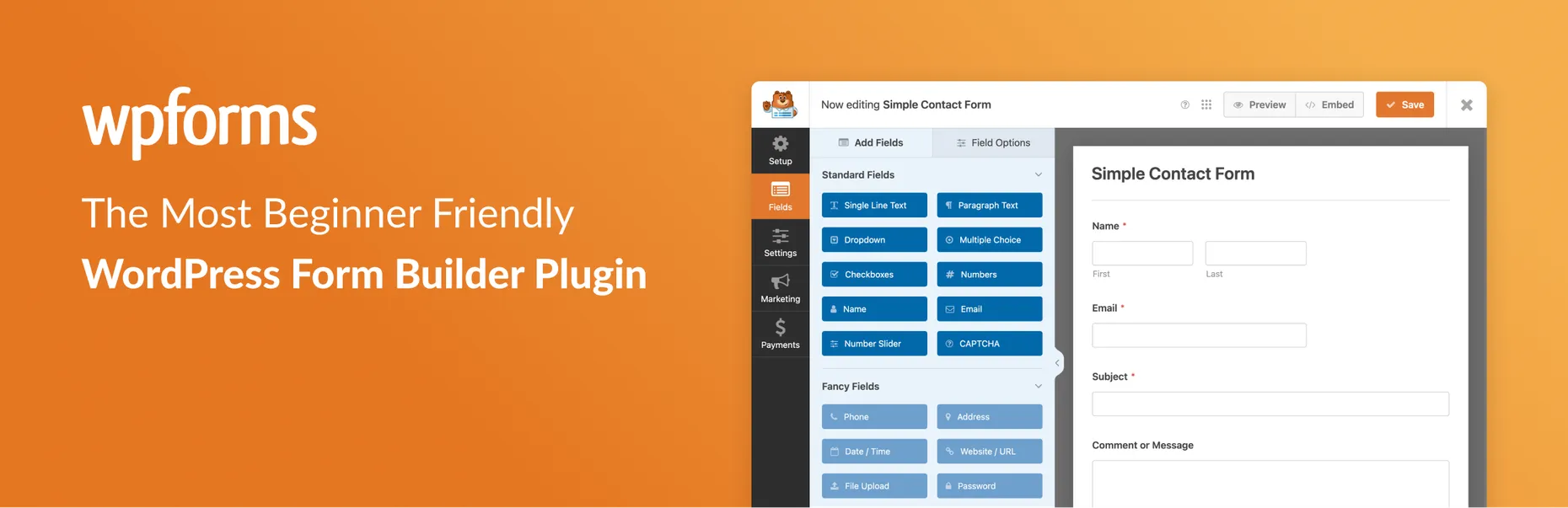 WPForms banner: the most beginner-friendly WordPress form builder plugin, showing its drag-and-drop form editor building a simple contact form