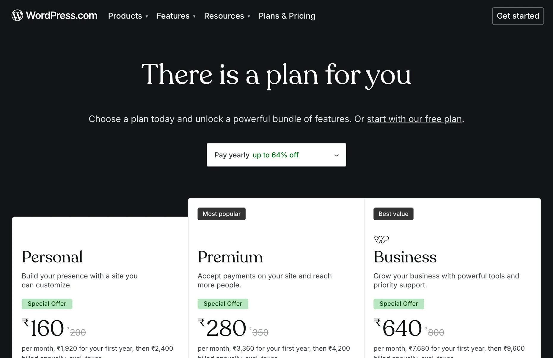 The WordPress.com pricing page showing the Personal, Premium and Business plans, with Premium marked most popular and Business marked best value