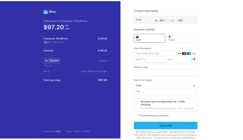 Brizy Stripe checkout with the THEWPX code applied, showing a 10% off line under the subtotal