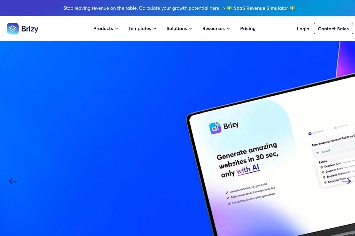 Brizy homepage showing its AI website builder, Generate amazing websites in 30 seconds with AI