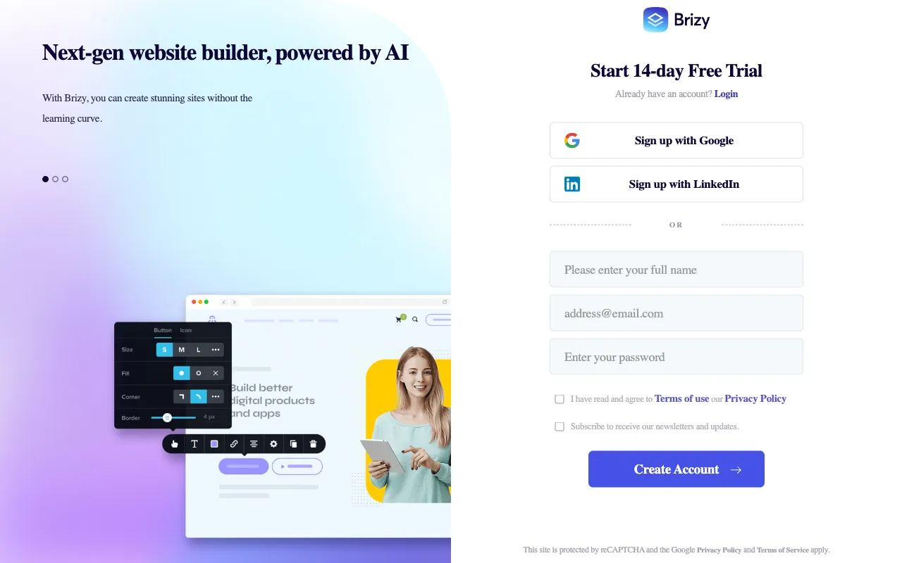 Brizy account signup screen headed Start 14-day Free Trial, with Sign up with Google or LinkedIn and a name, email and password form