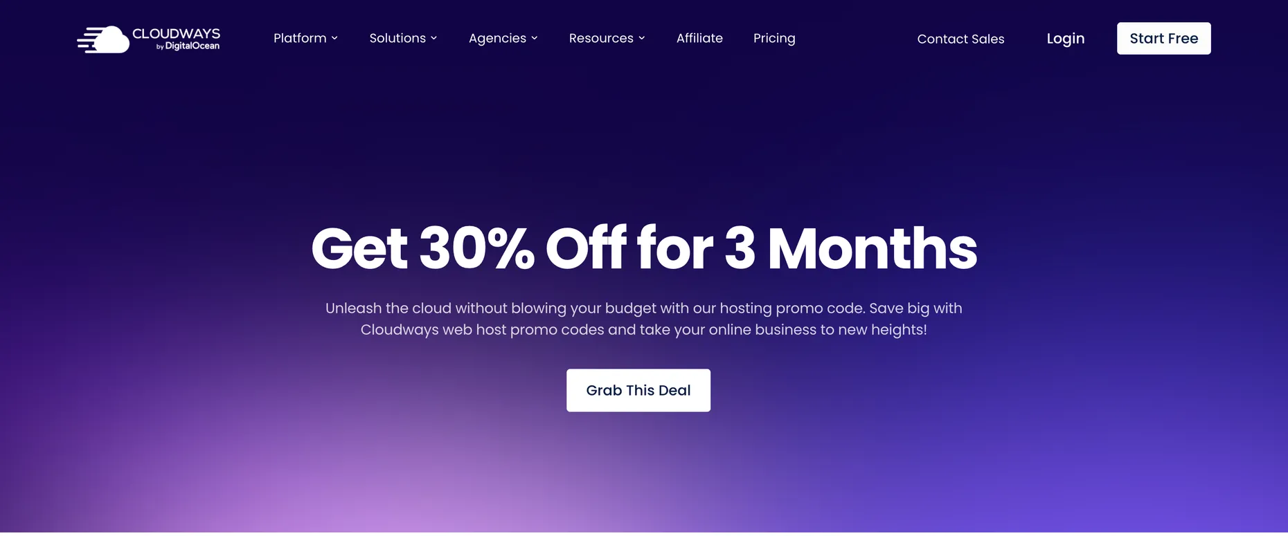 Cloudways official promo page with a large heading reading Get 30% Off for 3 Months and a Grab This Deal button