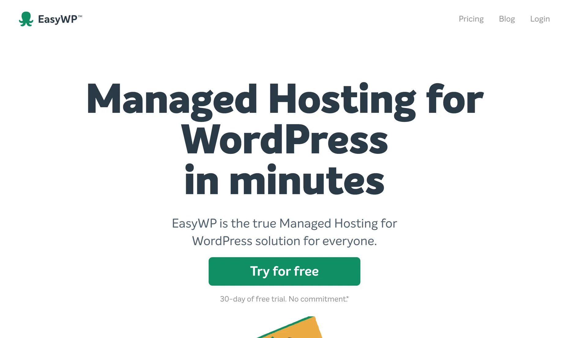 EasyWP homepage, managed hosting for WordPress in minutes, with a Try for free button and a 30-day free trial note