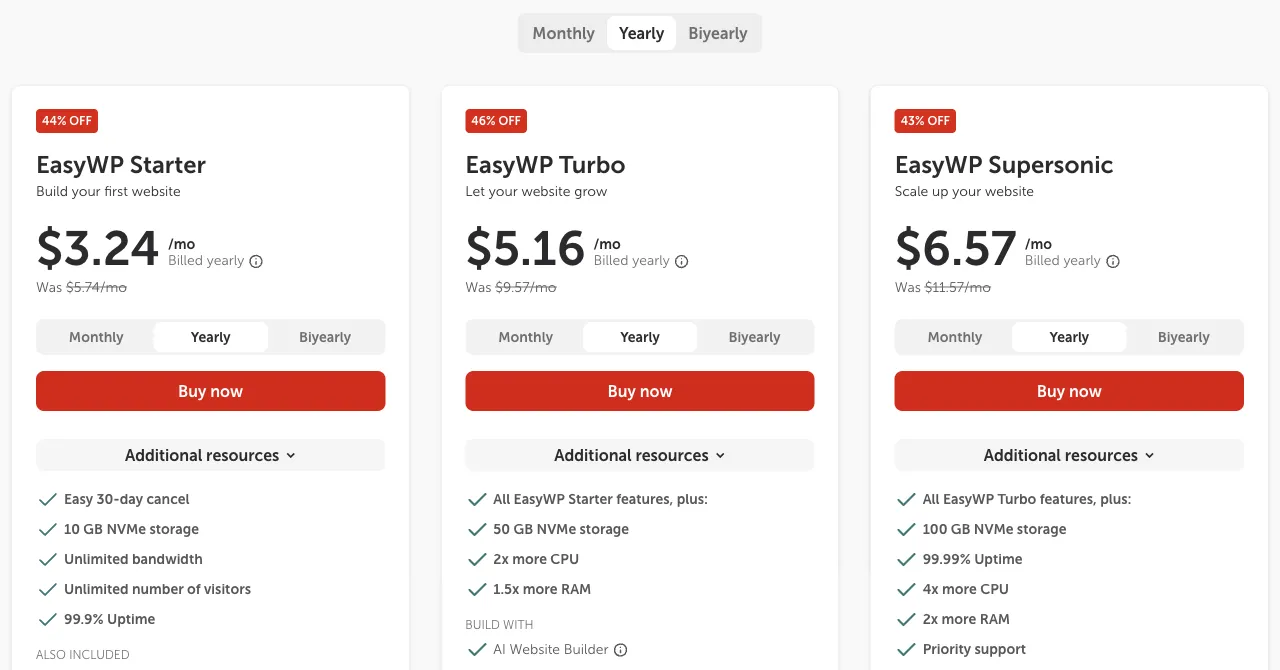 EasyWP yearly pricing: Starter $3.24 a month, was $5.74; Turbo $5.16, was $9.57; Supersonic $6.57, was $11.57, with storage and CPU details