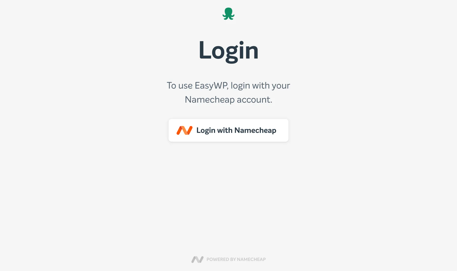 EasyWP login screen reading To use EasyWP, login with your Namecheap account, with a Login with Namecheap button