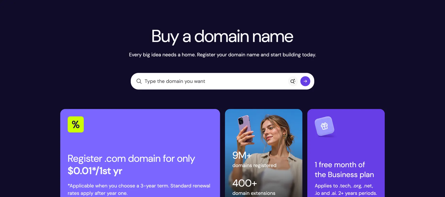 Hostinger domain search page reading Register .com domain for only $0.01 for the first year, with 9 million domains registered and 400+ extensions