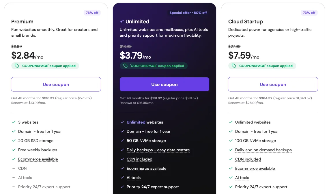 Hostinger plan cards with a COUPONSPAGE coupon applied tag: Premium $2.84, Unlimited $3.79 and Cloud Startup $7.59 a month, with 76, 80 and 73 percent off badges and renewal prices underneath