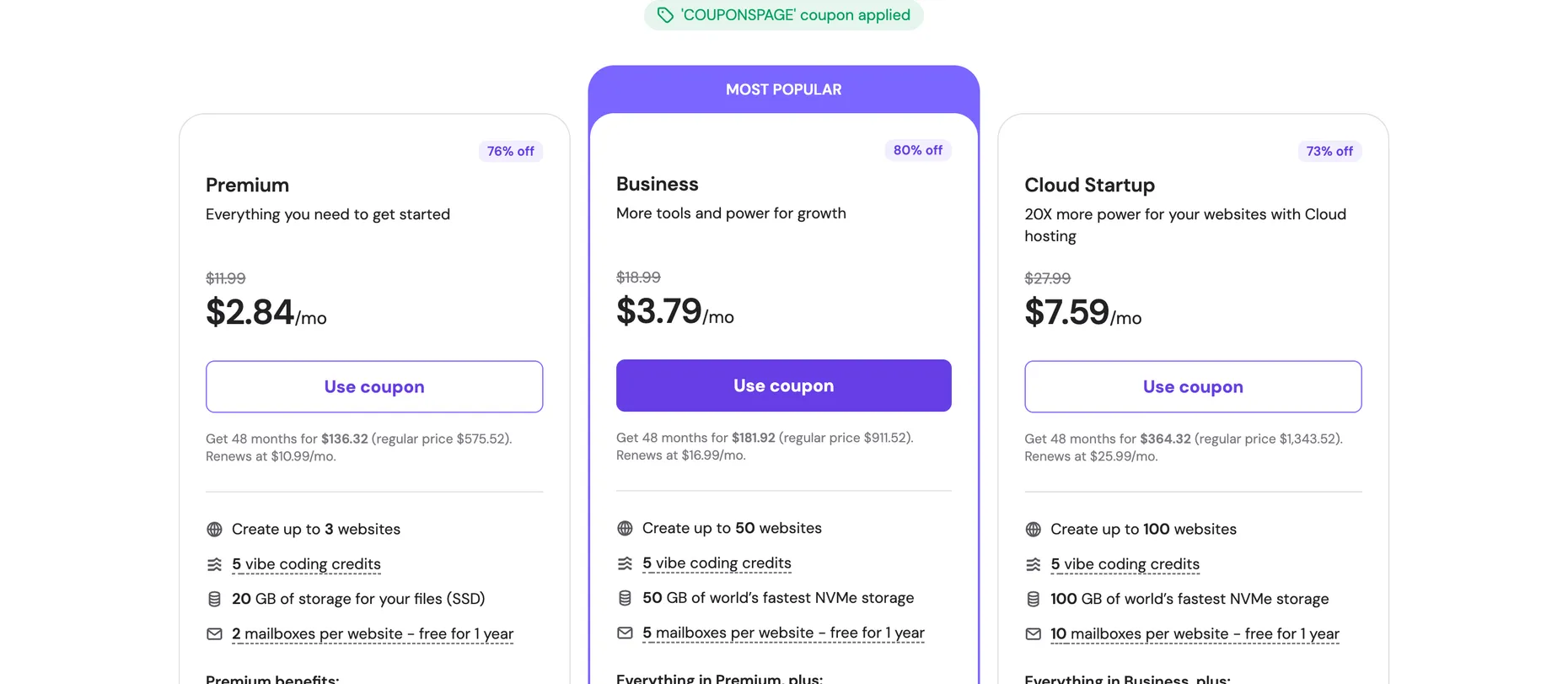 Hostinger pricing cards with a COUPONSPAGE coupon applied tag, showing Premium at $2.84, Business at $3.79 and Cloud Startup at $7.59 a month with 76, 80 and 73 percent off badges