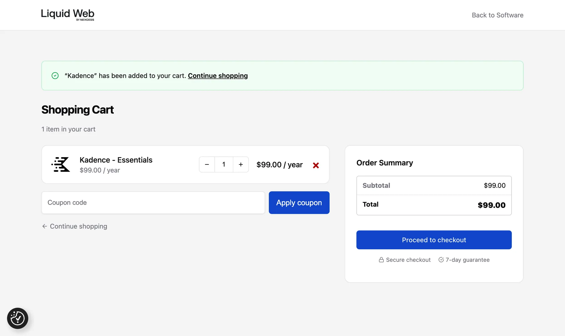 Kadence shopping cart on Liquid Web with Kadence Essentials at $99 a year, a Coupon code box and Apply coupon button, and an order summary