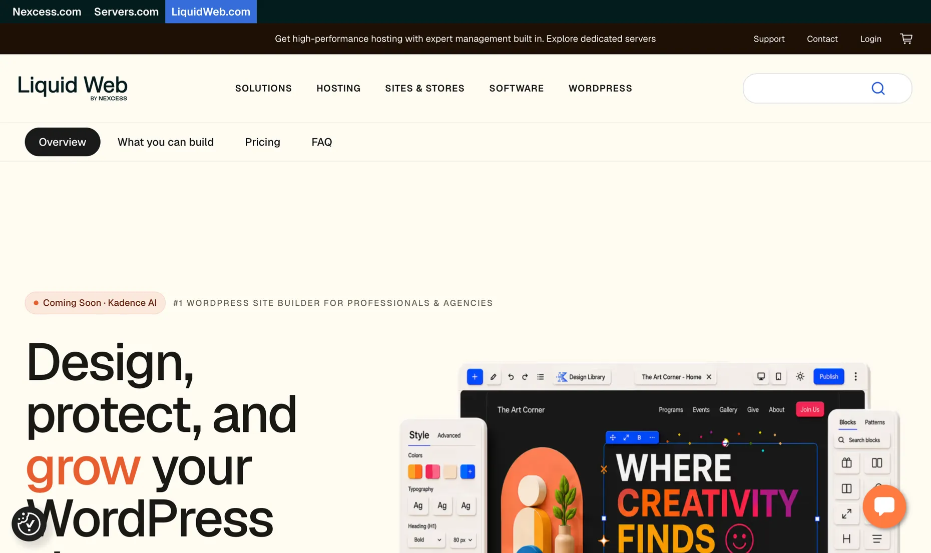Kadence homepage on Liquid Web, a WordPress site builder with the block editor, headed Design, protect, and grow your WordPress site