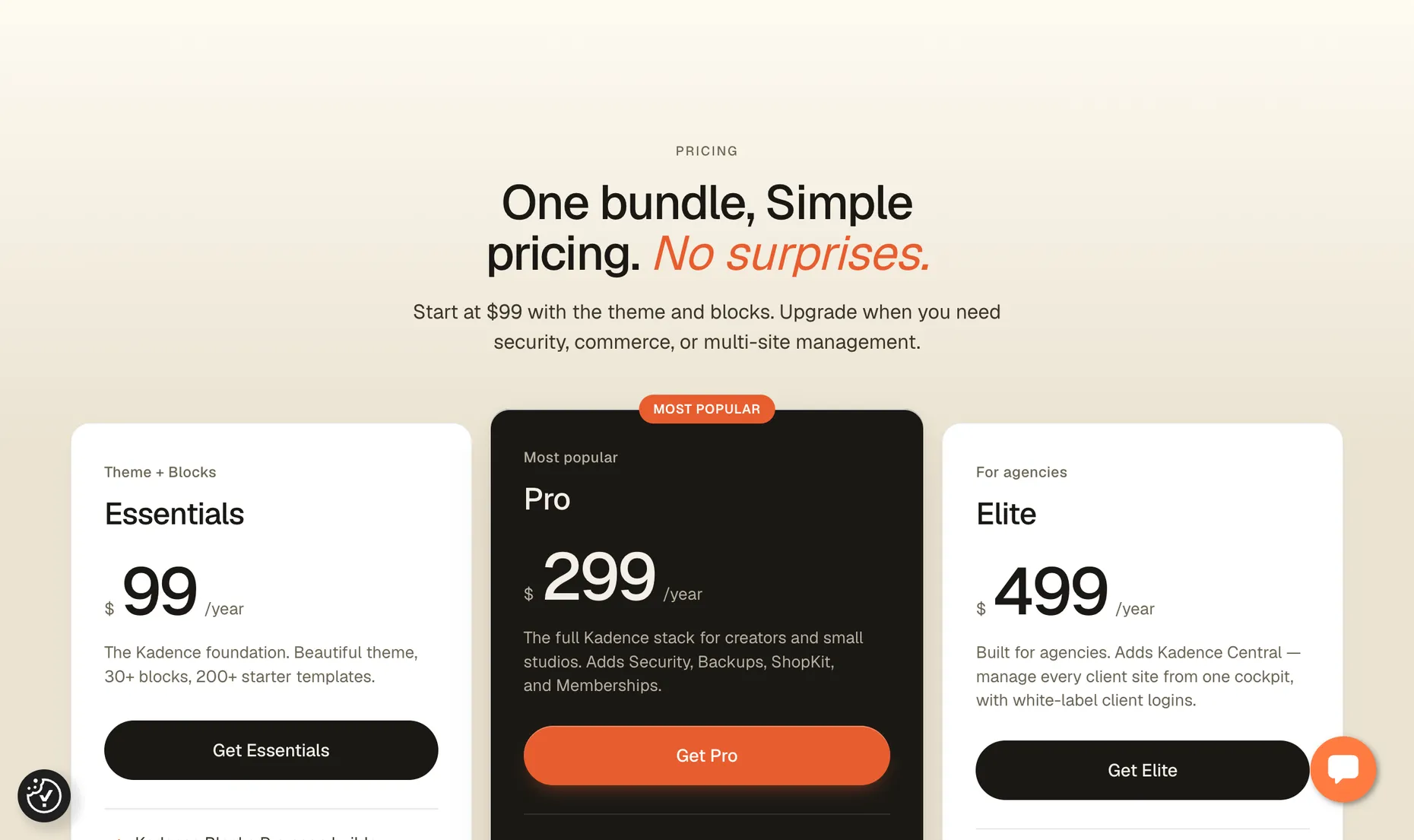 Kadence pricing on Liquid Web showing Essentials at $99 a year, Pro at $299 a year marked most popular, and Elite at $499 a year