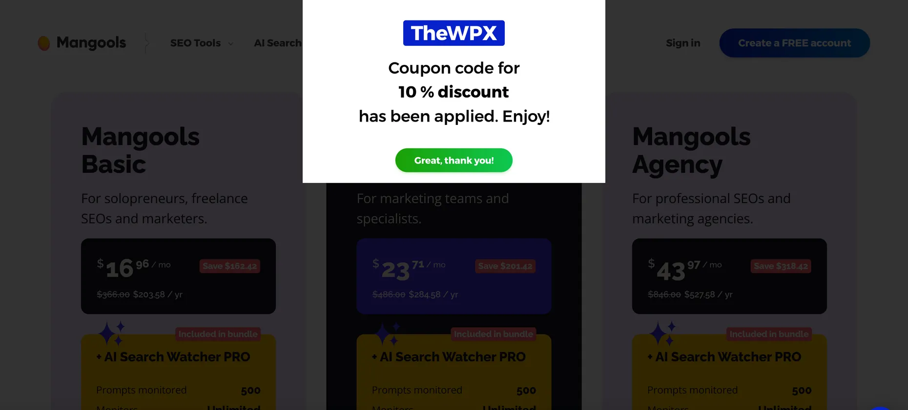 Mangools pricing page with a popup reading Coupon code for 10% discount has been applied, Enjoy, and a Great thank you button, with discounted plan prices behind it