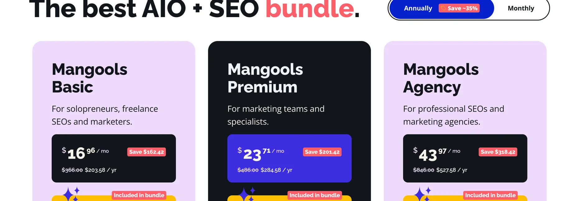 Mangools plans page with the Annually toggle selected showing Save 35%, and Basic, Premium and Agency cards at $16.96, $23.71 and $43.97 a month with struck-through original prices
