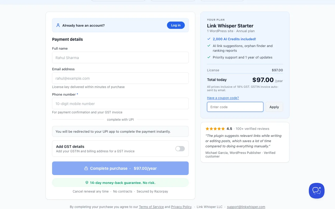 Link Whisper checkout showing the Starter plan at $97 a year, with a Have a coupon code link and an Enter code field with an Apply button