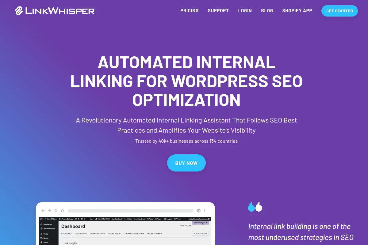 Link Whisper homepage, an automated internal linking plugin for WordPress that suggests and builds internal links as you write