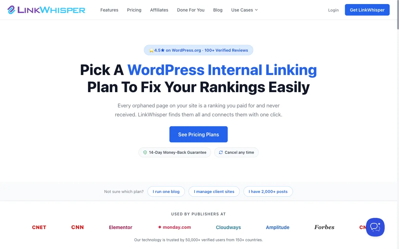 Link Whisper pricing section headed Pick a WordPress internal linking plan to fix your rankings, with a See Pricing Plans button
