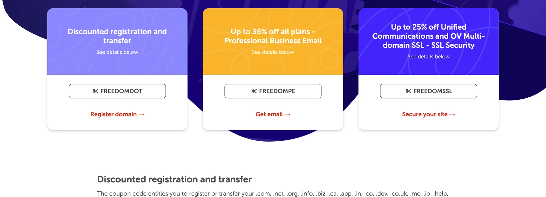 Namecheap coupon cards showing this month's domain, email and SSL codes with copy buttons and the discounted TLD table beneath