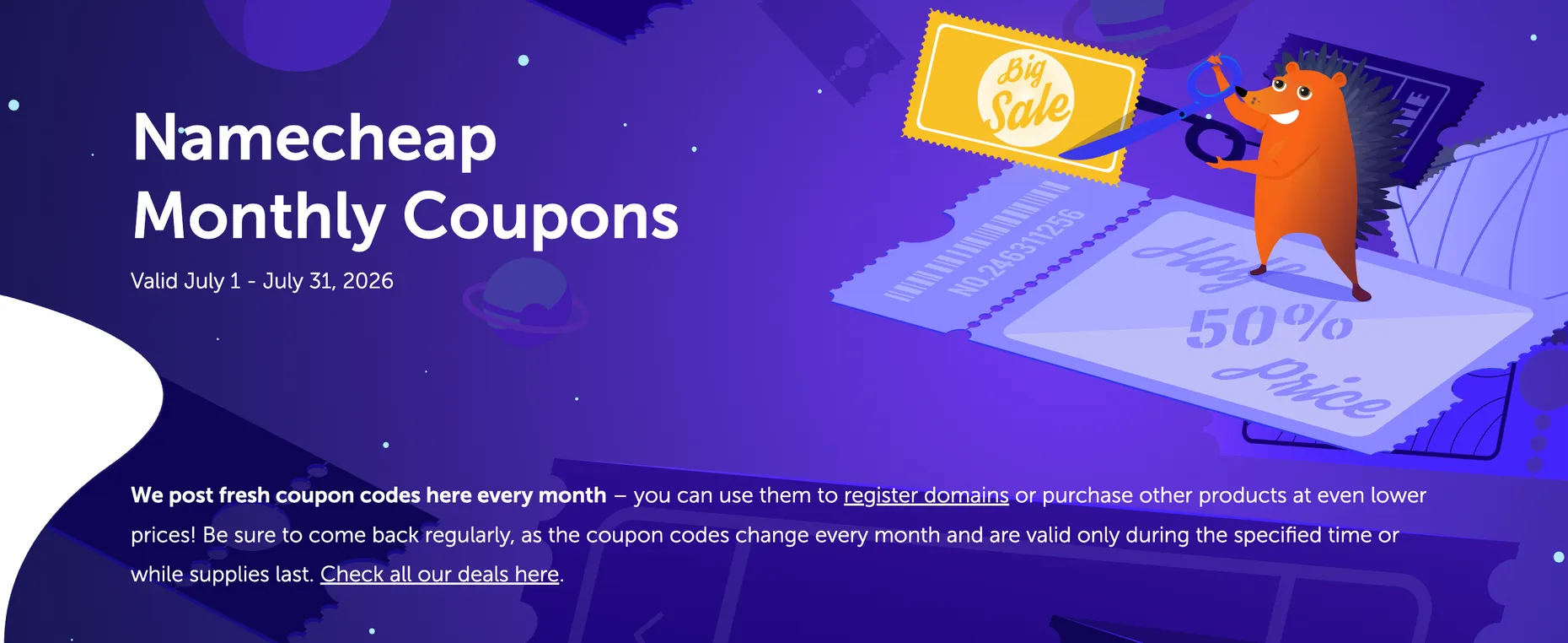 Namecheap Monthly Coupons page headed with the current month's valid dates and a note that fresh coupon codes are posted every month and change monthly