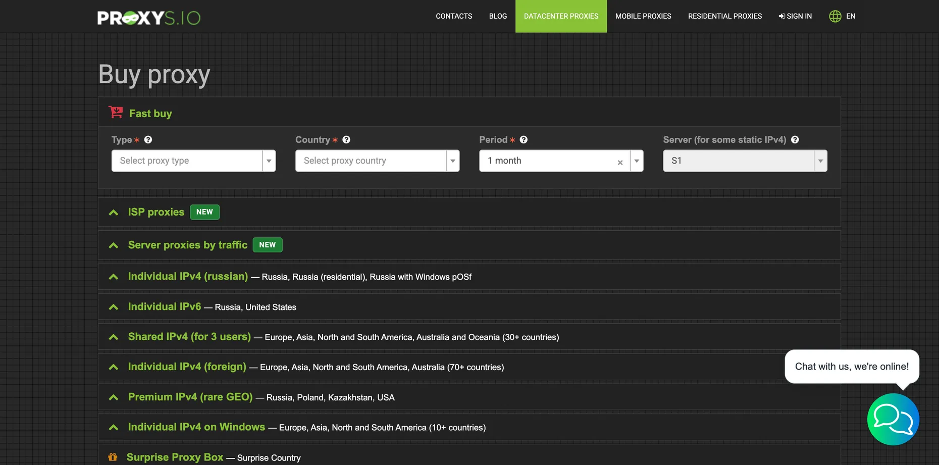 Proxys.io Buy proxy page with a Fast buy panel of Type, Country, Period and Server dropdowns, above a list of proxy types including ISP, individual IPv4 and IPv6, shared IPv4, and premium rare-GEO options