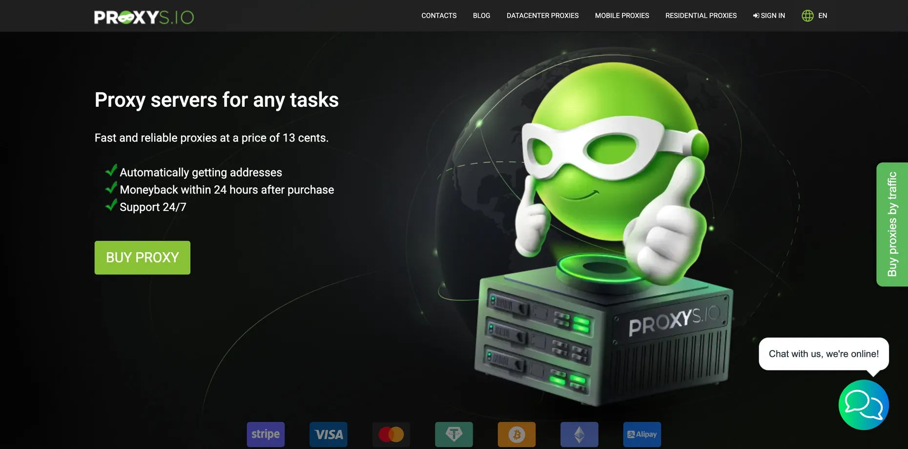 Proxys.io homepage on a dark theme, headed Proxy servers for any tasks with the line Fast and reliable proxies at a price of 13 cents, a green Buy Proxy button, and 24-hour money-back and 24/7 support points