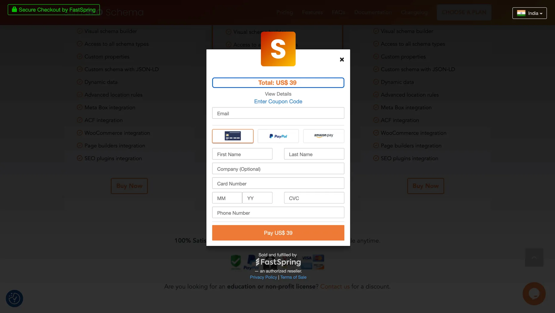 Slim SEO FastSpring checkout with an Enter Coupon Code field