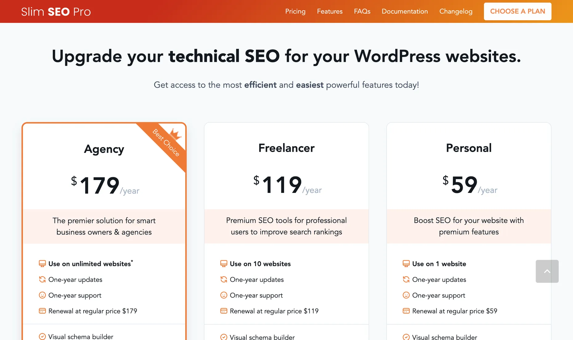 Slim SEO Pro pricing showing Agency $179, Freelancer $119 and Personal $59 a year, each with a Buy Now button