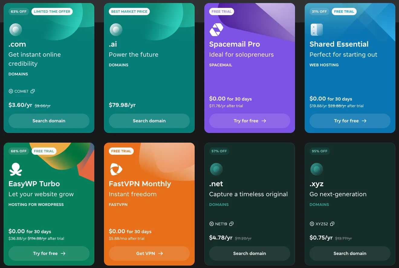 Spaceship deal cards: .com with code COM67 at $3.60 a year, .ai at $79.98, Spacemail Pro and Shared Essential hosting free for 30 days, EasyWP Turbo and FastVPN free trials, .net with NET19 at $4.78 and .xyz with XYZ52 at $0.75