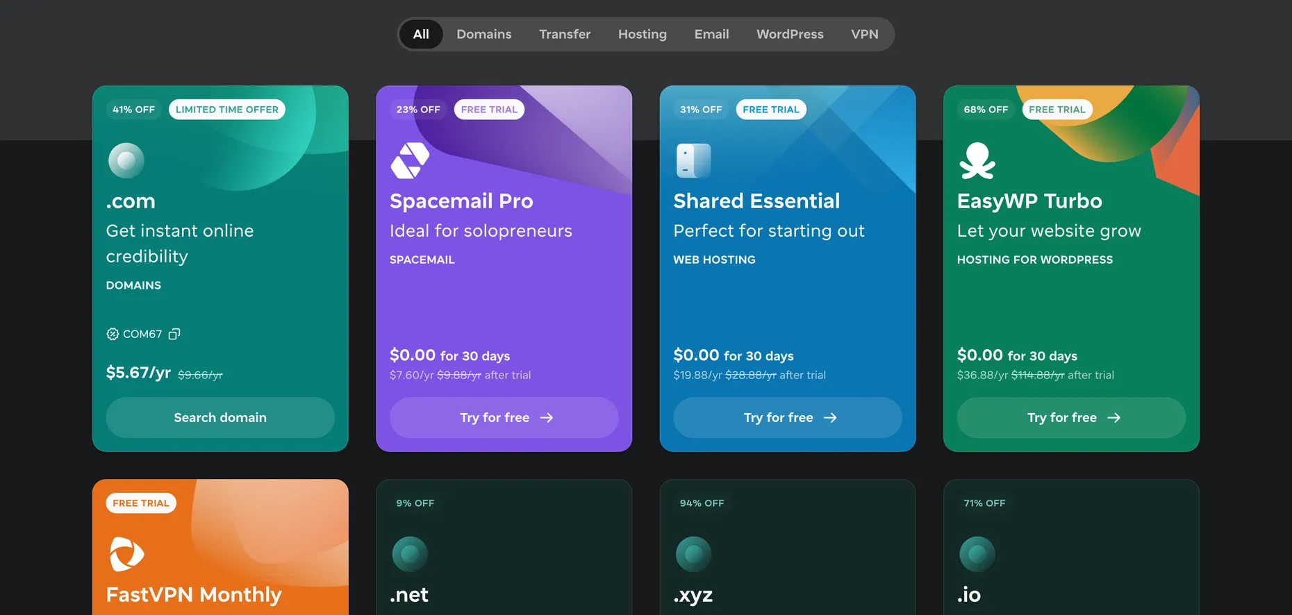 Spaceship deal cards showing a .com at $5.67 with a copyable code, Spacemail Pro and hosting on 30-day free trials, and cheap .net, .xyz and .io domains