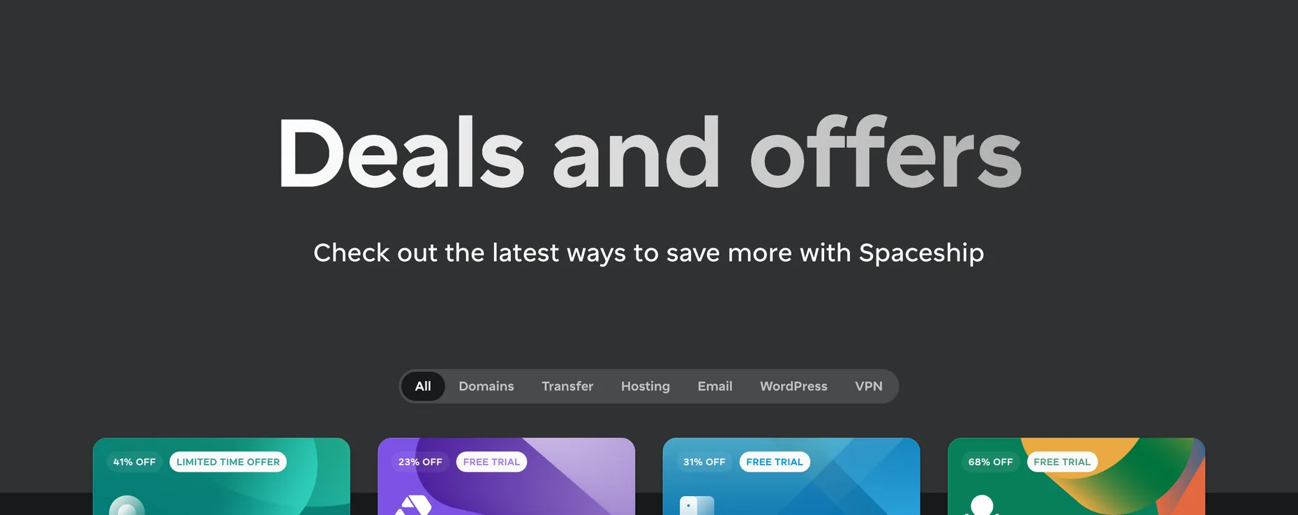 Spaceship Deals and offers page with category tabs for Domains, Transfer, Hosting, Email, WordPress and VPN above a grid of deal cards