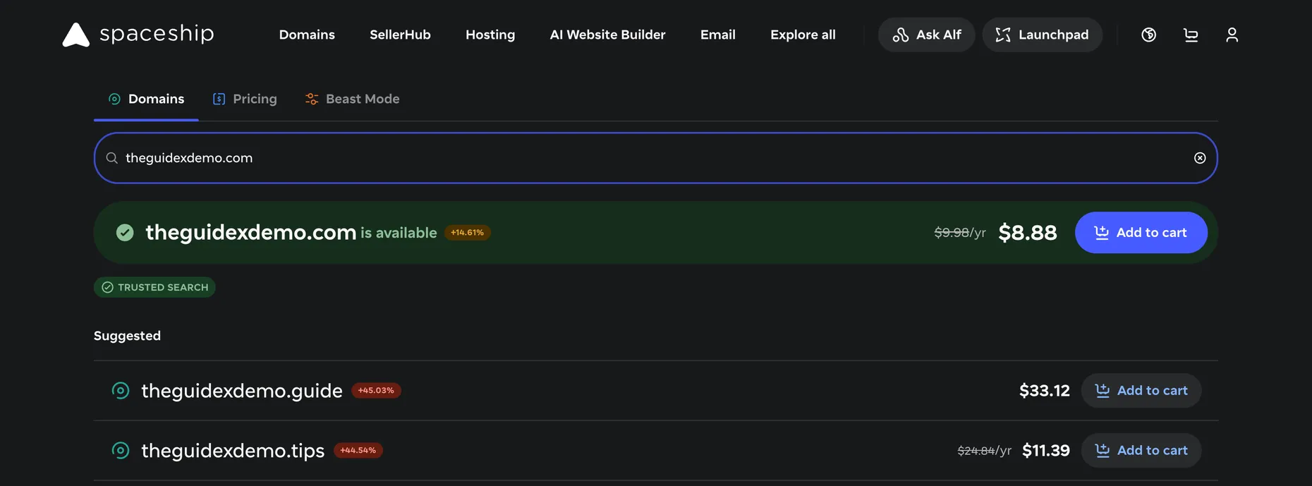 Spaceship domain search showing an available .com with its price and an Add to cart button, plus suggested alternative endings
