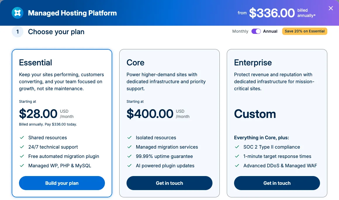 WP Engine plan picker with the Annual toggle on and Save 20% on Essential: Essential from $28 a month billed annually at $336, Core from $400 a month, and Enterprise custom