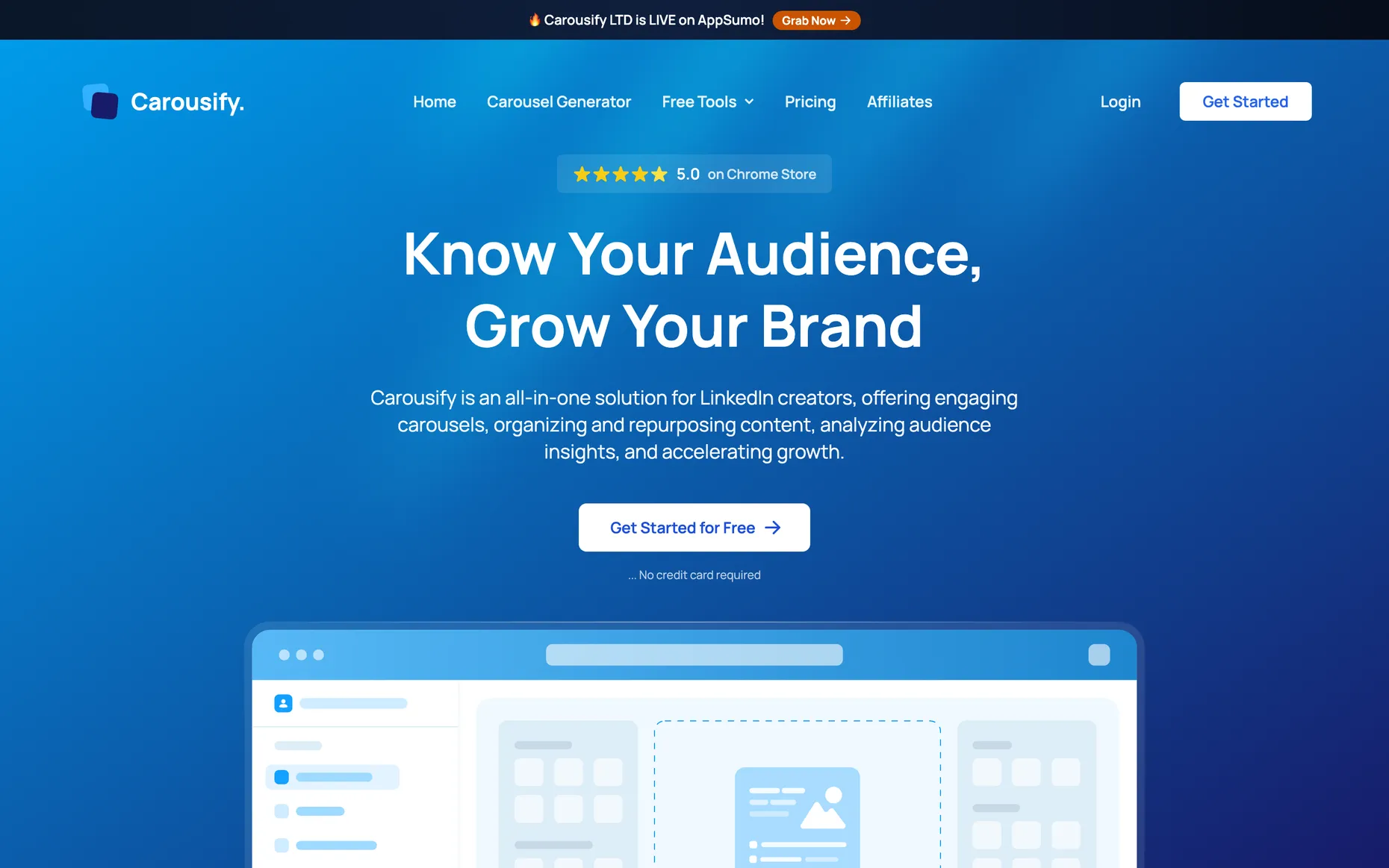 The Carousify homepage, headline reading Know Your Audience, Grow Your Brand, with a carousel editor preview.