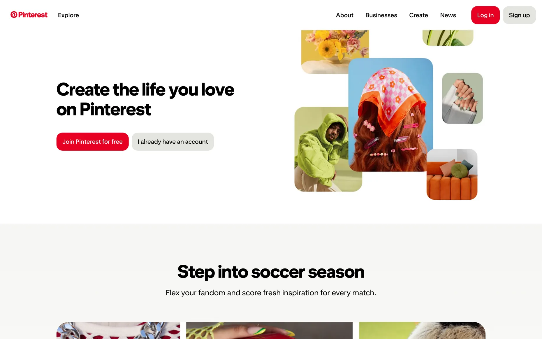 The Pinterest homepage, headline reading Create the life you love on Pinterest, with a grid of lifestyle images.