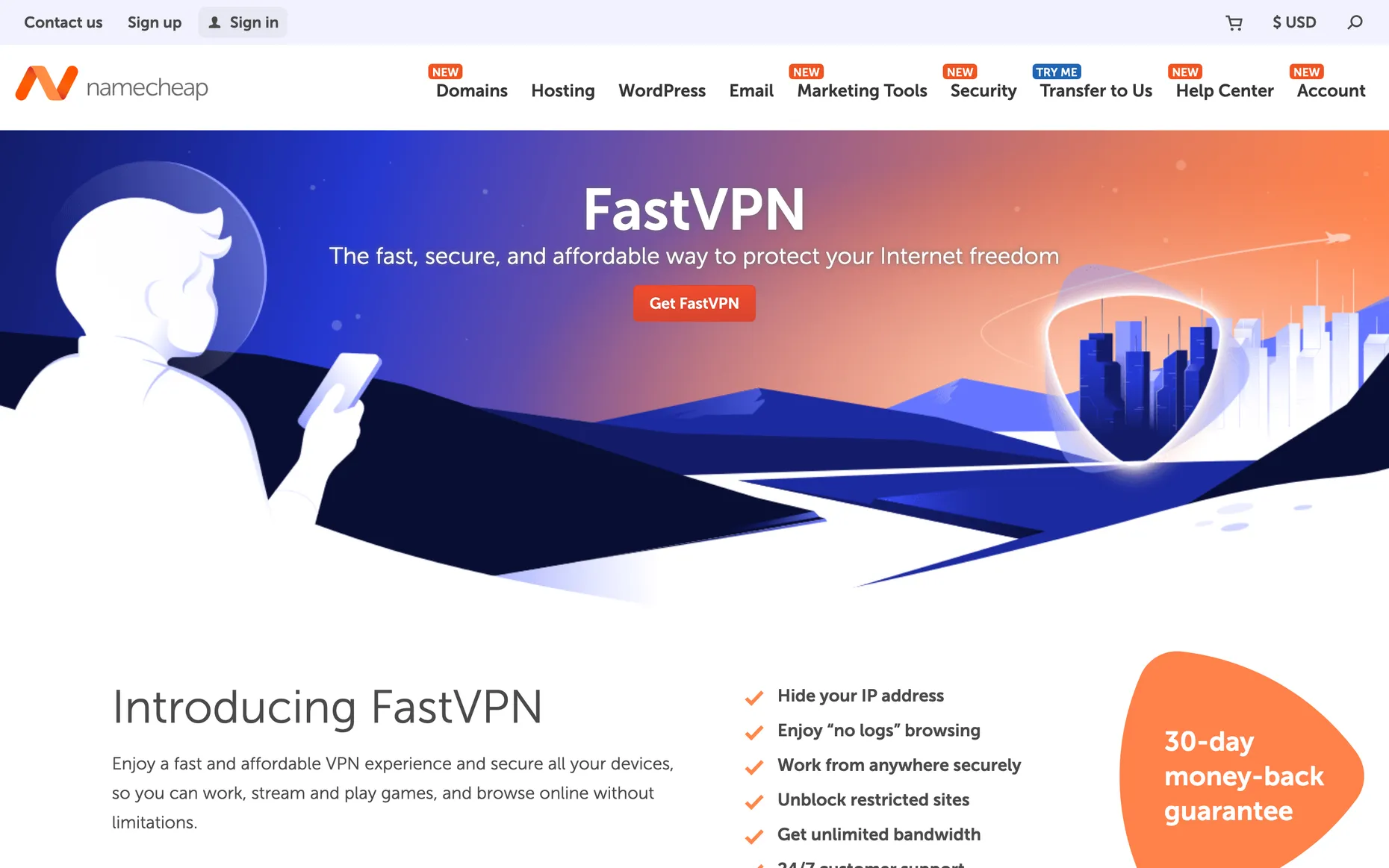 The Namecheap FastVPN homepage, headline reading FastVPN, the fast, secure, and affordable way to protect your Internet freedom.