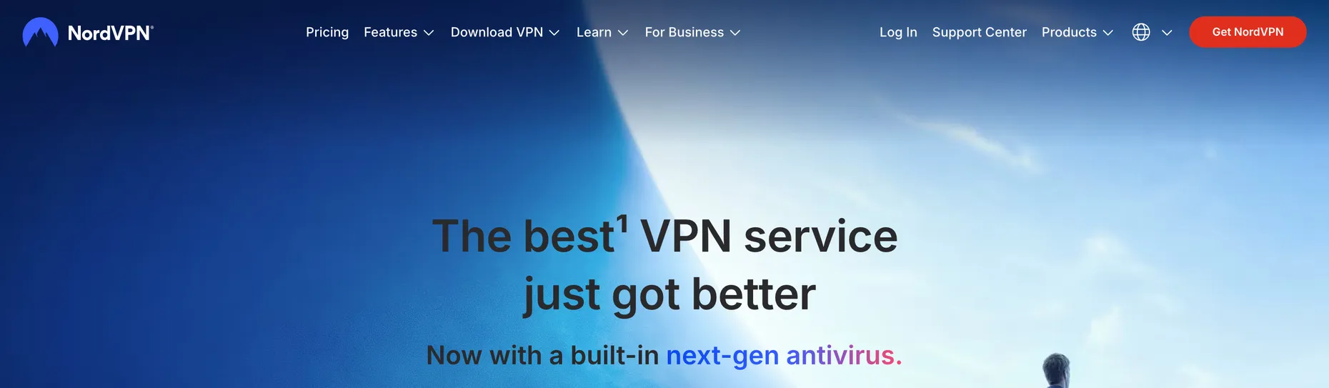 The NordVPN homepage, headline reading The best VPN service just got better, now with a built-in next-gen antivirus.