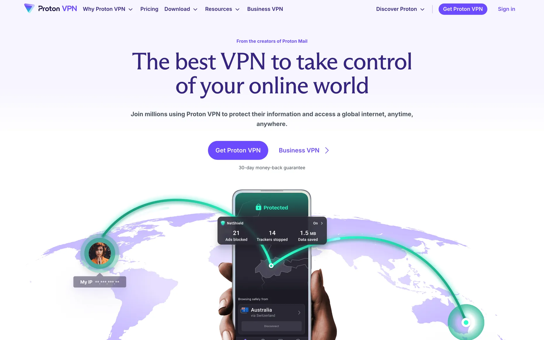 The Proton VPN homepage, headline reading The best VPN to take control of your online world.