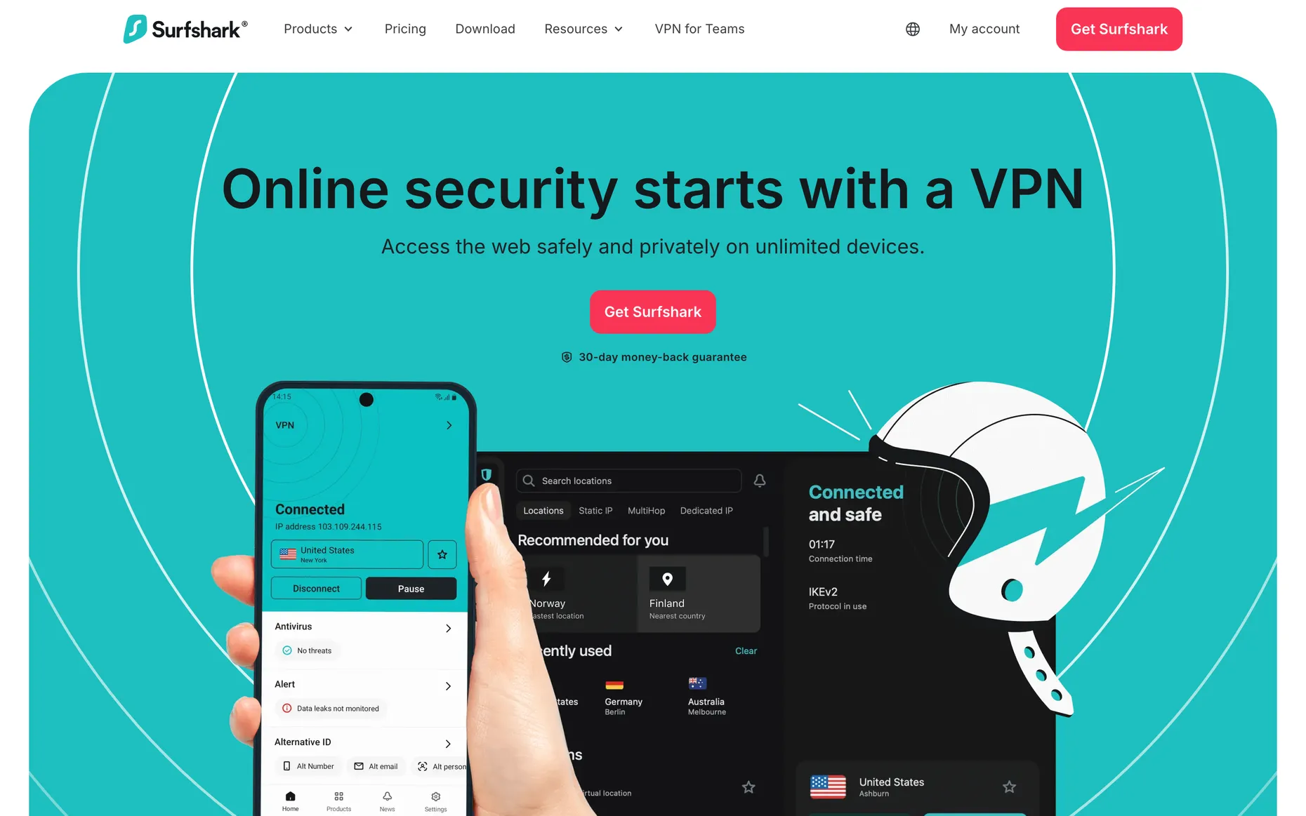 The Surfshark homepage, headline reading Online security starts with a VPN, with the app shown on a phone.