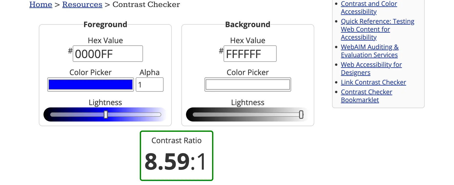 The WebAIM Contrast Checker showing foreground 0000FF on background FFFFFF with a contrast ratio of 8.59 to 1