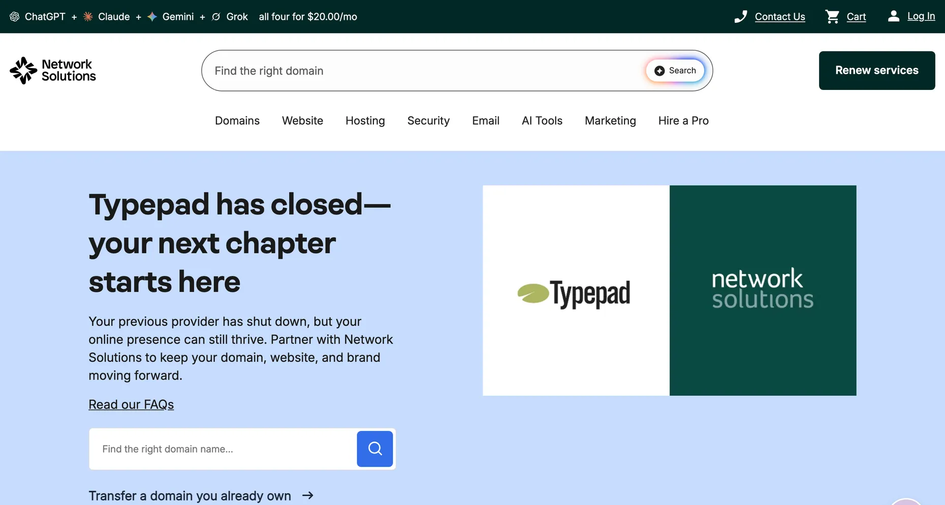 Network Solutions page headed Typepad has closed, your next chapter starts here, with the Typepad and Network Solutions logos