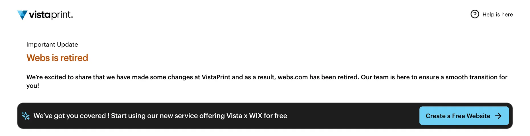 Vistaprint page headed Important Update: Webs is retired, saying webs.com has been retired and offering Vista x Wix instead