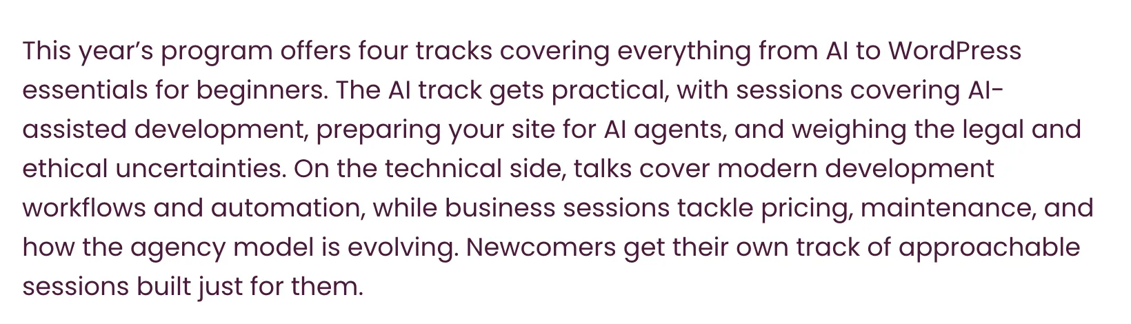 WordCamp US 2026 tickets page describing four tracks, with the AI track covering AI-assisted development, preparing your site for AI agents, and weighing the legal and ethical uncertainties