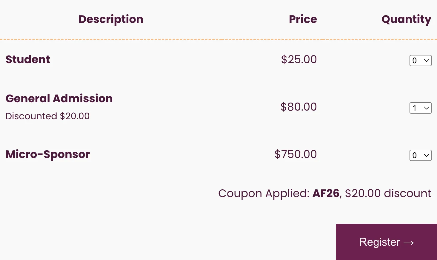 WordCamp US 2026 ticket checkout showing General Admission discounted to $80.00 with the message Coupon Applied: AF26, $20.00 discount